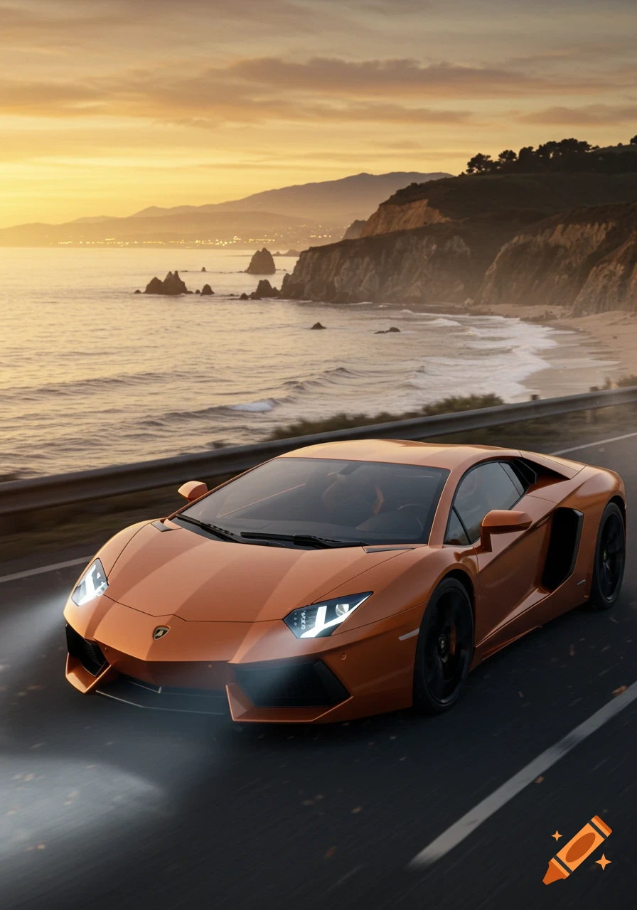 An orange Lamborghini sports car drives on a coastal road at sunset, with ocean and mountains in the background, photorealistic style.