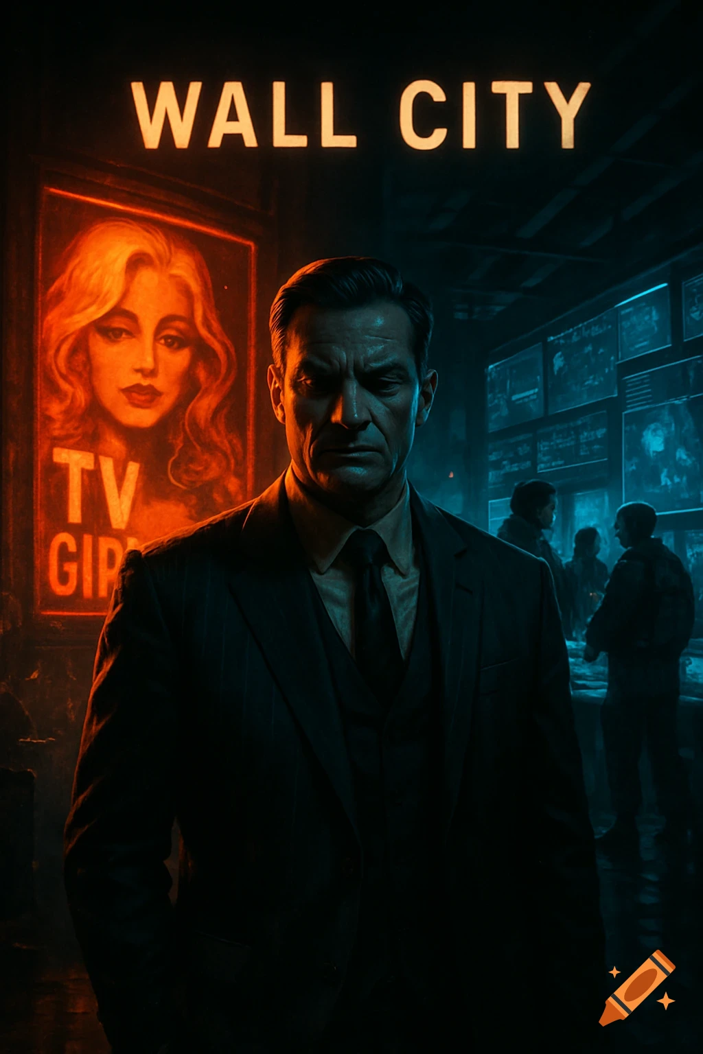 A serious man in a dark suit stands in a neon-lit, gritty city street with 'WALL CITY' and a 'TV GIP' poster behind him.