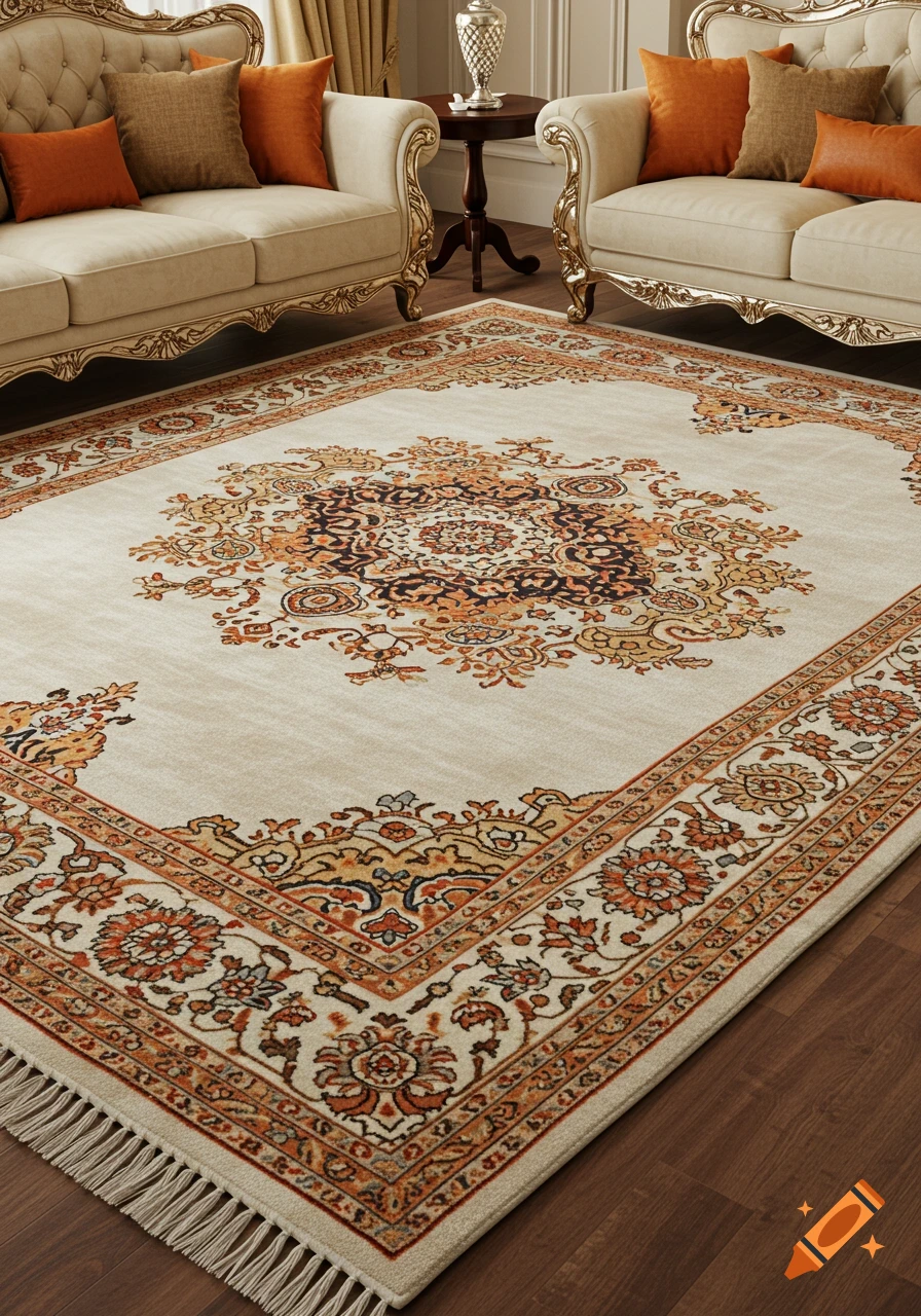 Ornate Persian rug with a cream background and orange border, flanked by cream French sofas with orange cushions in a luxurious living room.