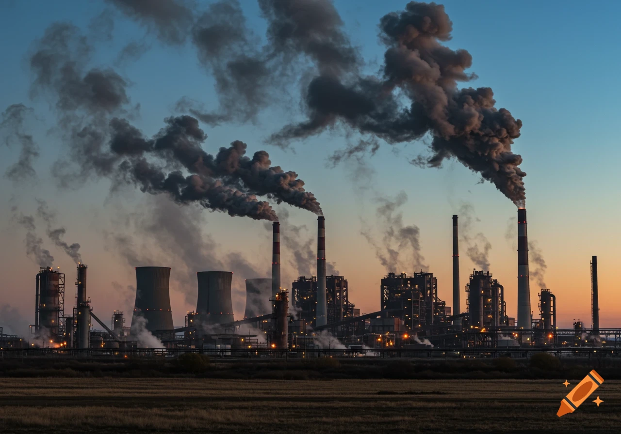 Photorealistic image of a large industrial factory complex with many smoke stacks emitting dark smoke against a vibrant dusk sky.