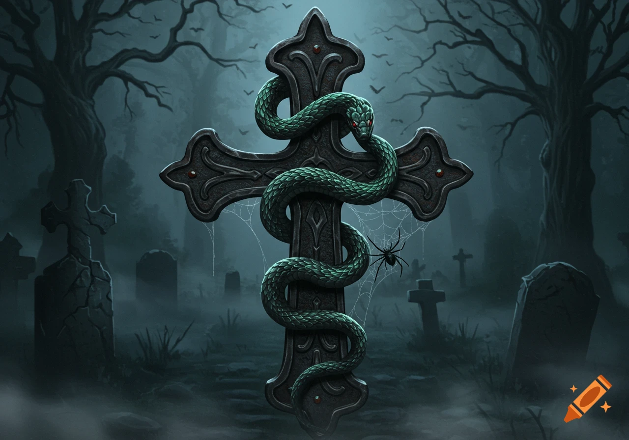 A detailed gothic cross with a green snake wrapped around it and a spider on a web, in a foggy graveyard.