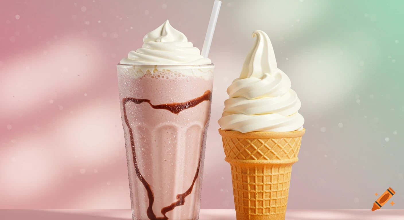 A photorealistic image of a pink milkshake with chocolate syrup and a soft-serve ice cream cone on a light pink and green gradient background.