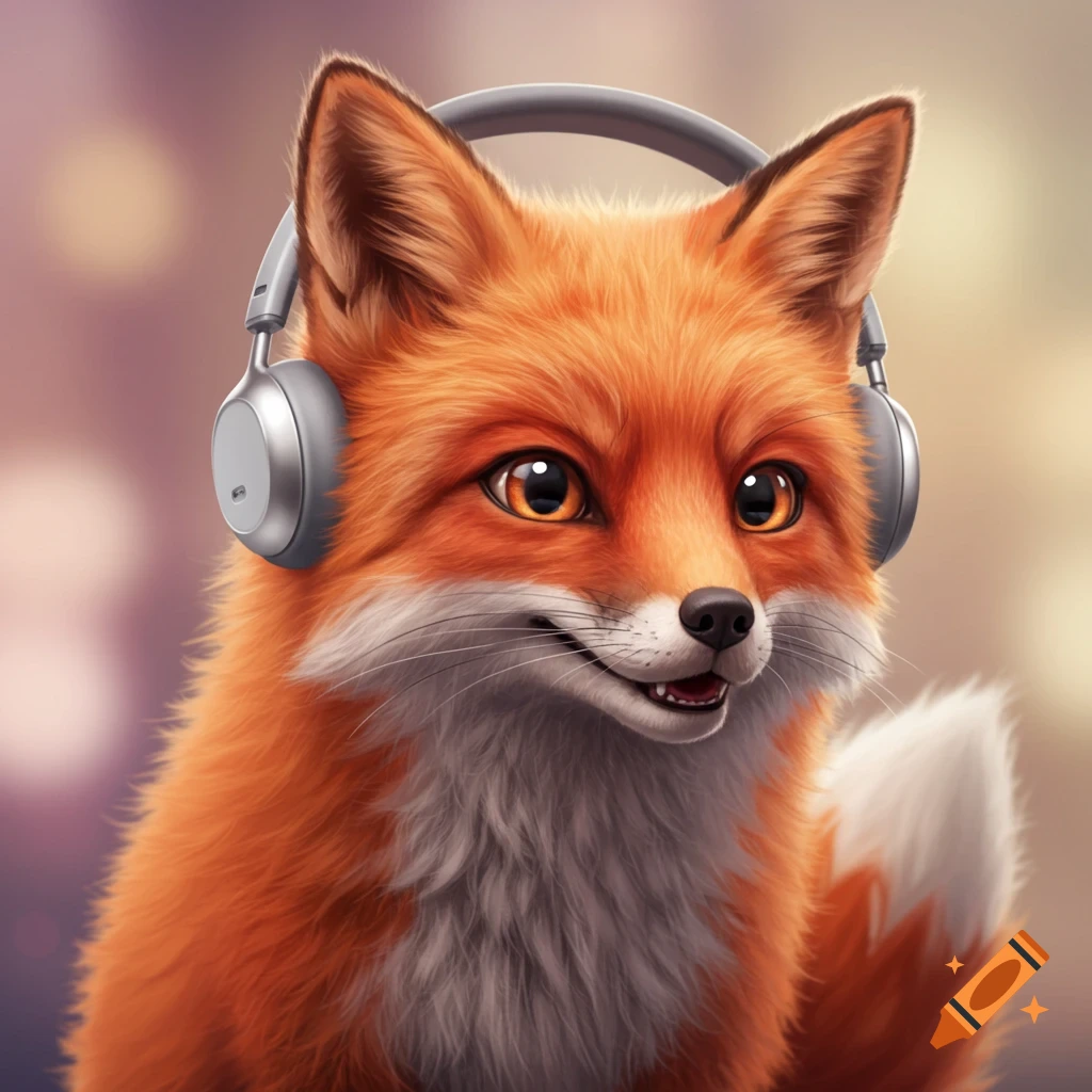 A cute orange fox with fluffy fur wearing gray over-ear headphones, smiling cheerfully.