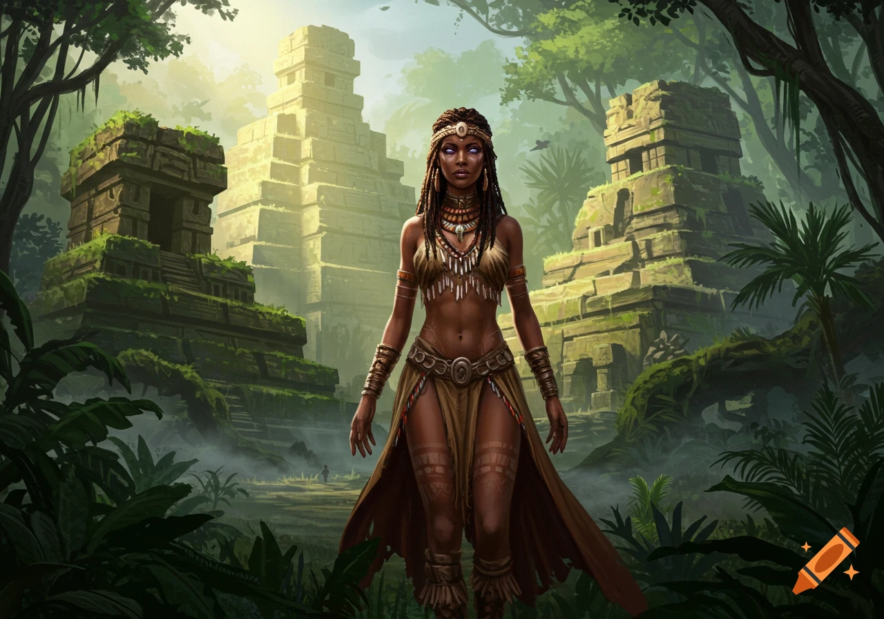 A beautiful woman in an Amazon outfit stands in a prehistoric jungle city with ancient temples, in a fantasy art style.