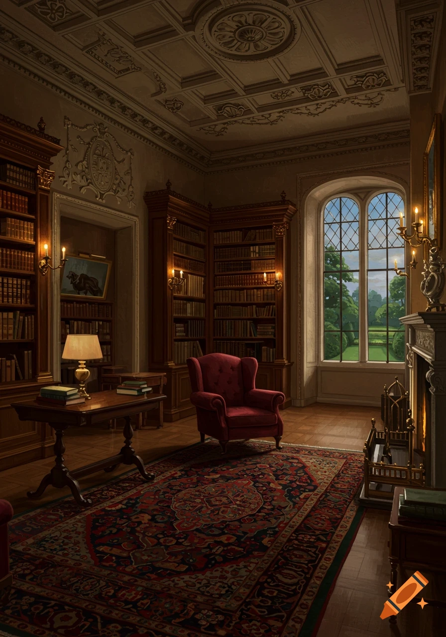 A grand, dimly lit library room with wooden bookshelves, a red armchair, ornate rug, and a large window overlooking a lush garden.