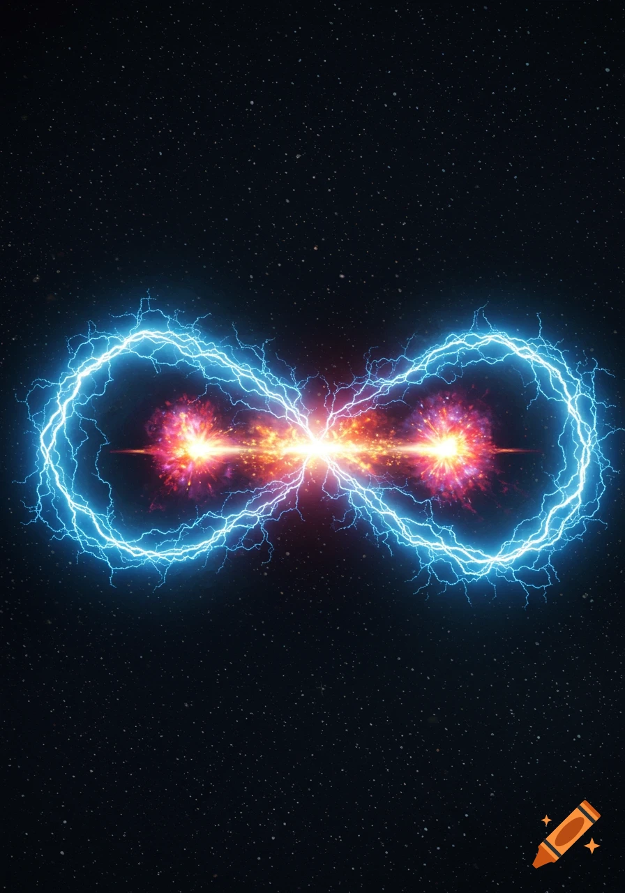 A vibrant blue lightning bolt forms an infinity symbol in dark space, with fiery red and orange energy explosions at its center.