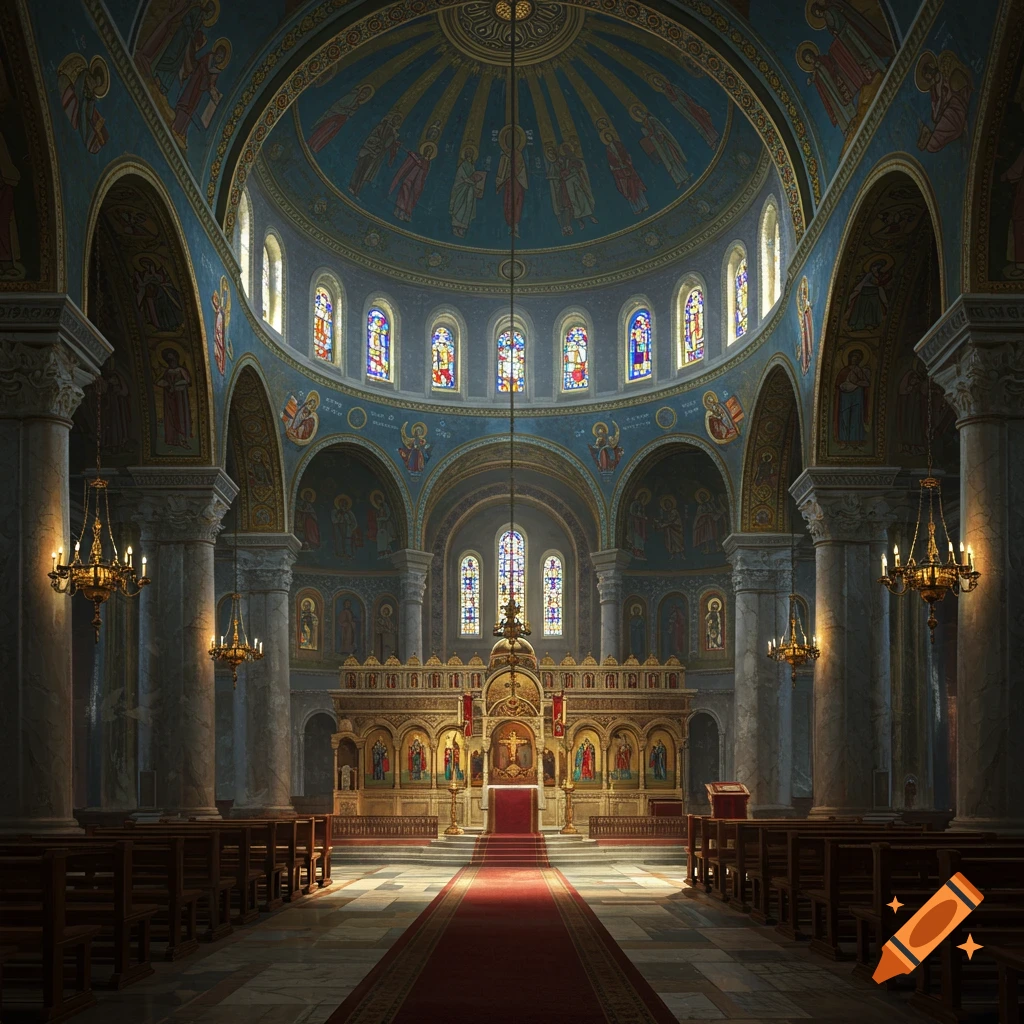 Grand interior of a Byzantine Orthodox church with a domed ceiling, murals, stained glass windows, and a red carpet leading to an altar.