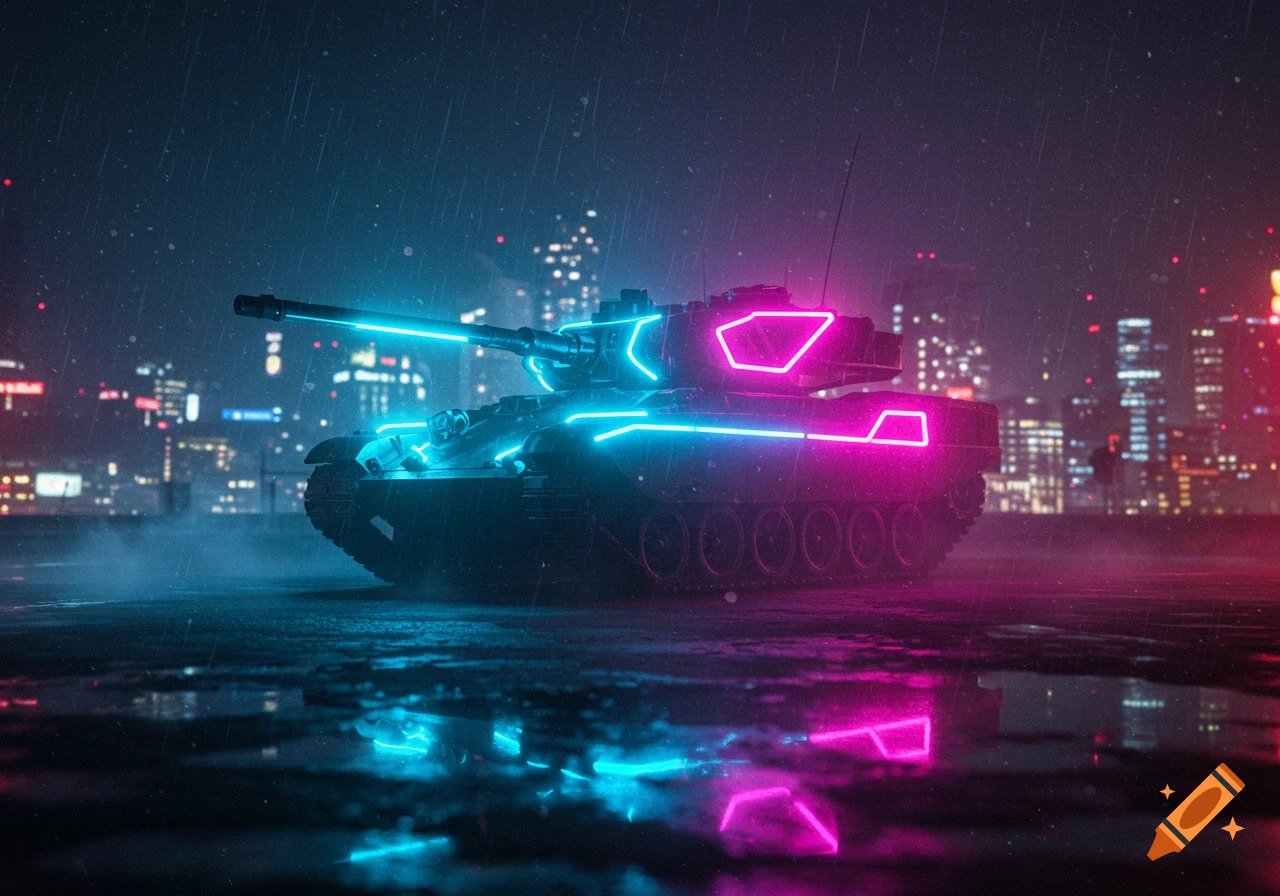 A futuristic tank glowing with cyan and magenta neon lights on a rainy street at night, with city reflections in puddles.
