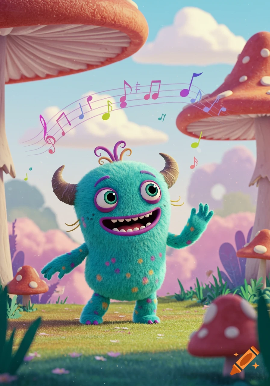 A fluffy teal monster with horns and big eyes dances happily among giant red mushrooms, with colorful musical notes floating above its head in a whimsical style.
