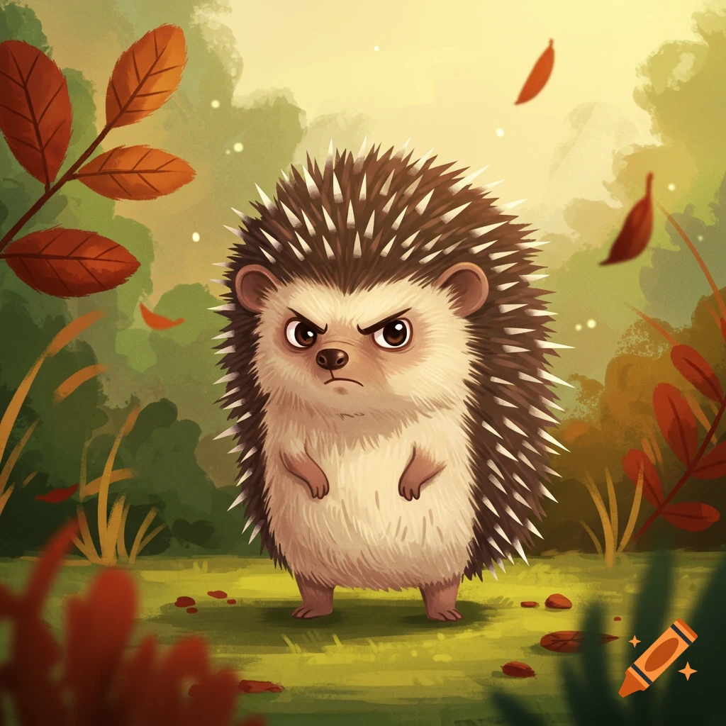 An angry cartoon hedgehog with a frowning face stands in a forest with autumn leaves.