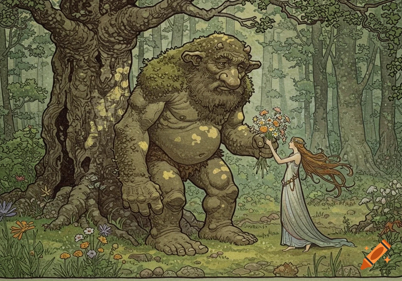 Illustration of a giant mossy troll receiving flowers from a long-haired woman in a forest, Arthur Rackham style.