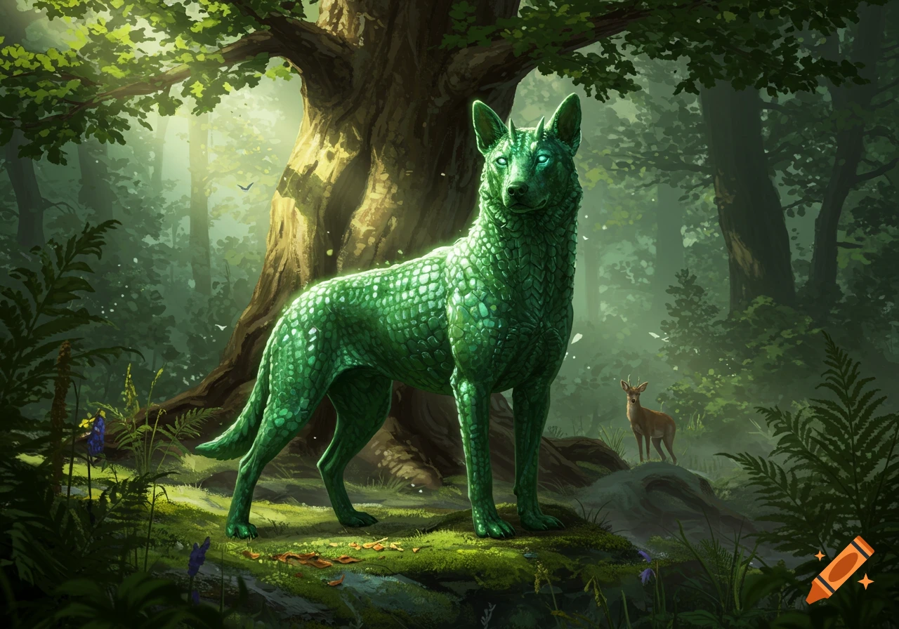 A green scaly dog-like creature with glowing eyes stands in a lush, sunlit forest with a deer in the background.