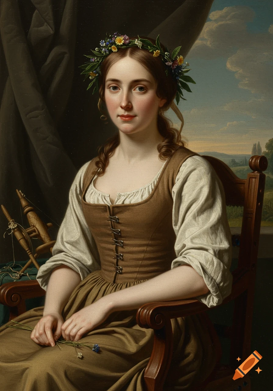 Oil painting of a young woman with a floral crown, wearing a blouse and bodice, seated in a chair with a spindle nearby.