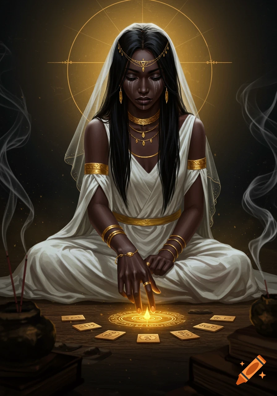 A dark-skinned woman in a white gown and gold jewelry performs divination, with glowing symbols and incense in a spiritual setting.