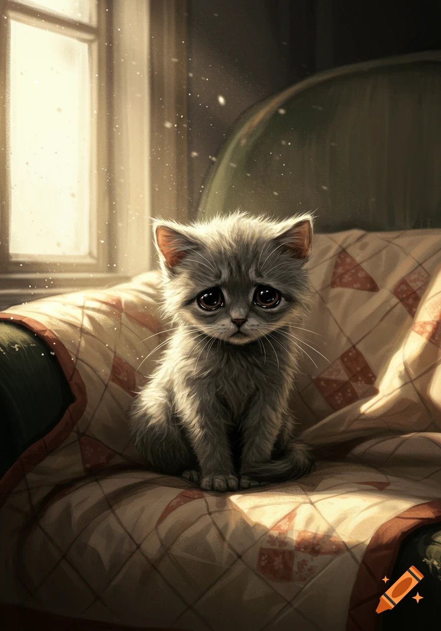 A fluffy grey kitten with large, sad eyes sits on a quilted blanket by a sunlit window, looking forlorn.
