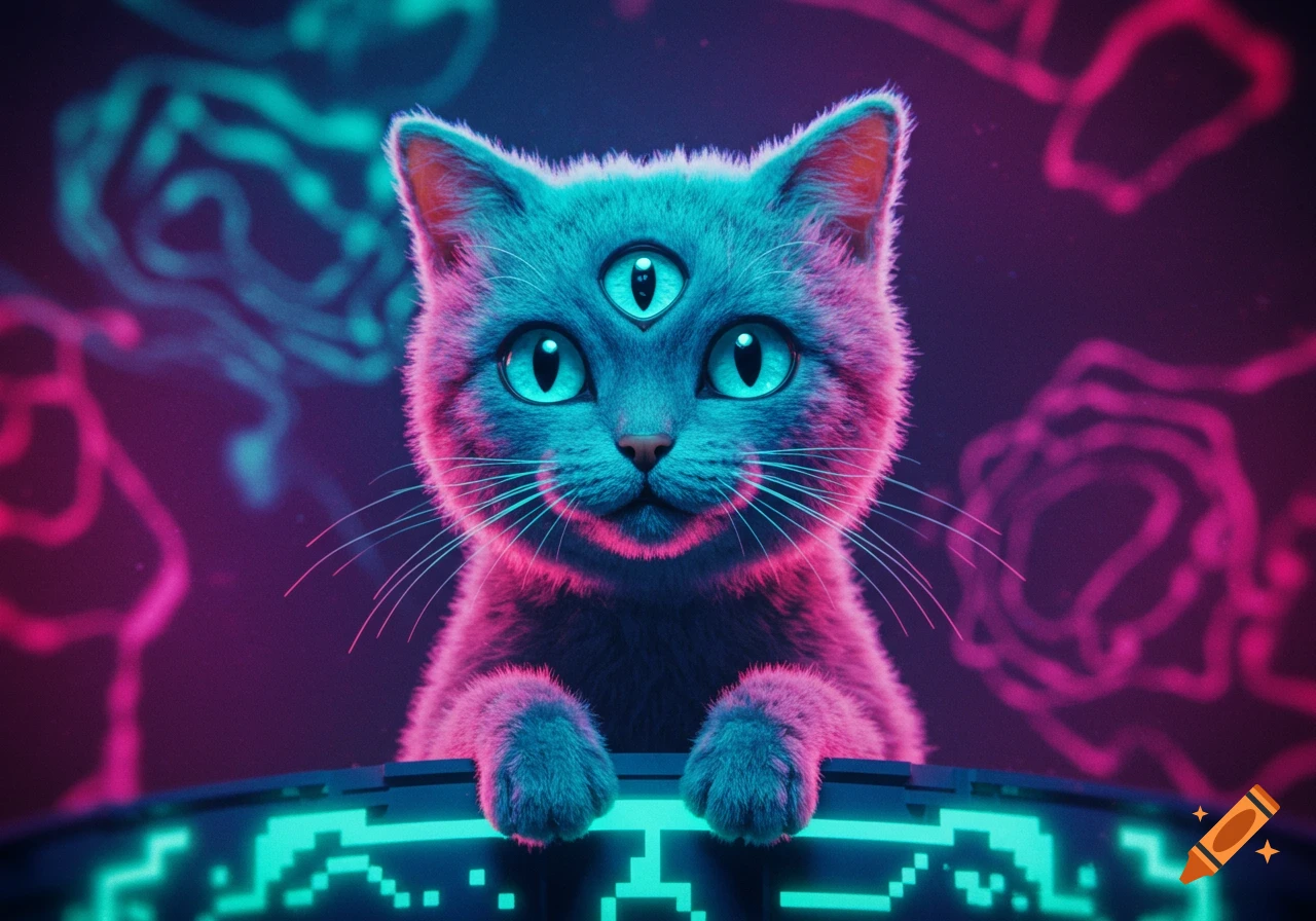 A three-eyed cat with glowing neon pink and blue fur, set against a dark background with pixelated neon patterns.
