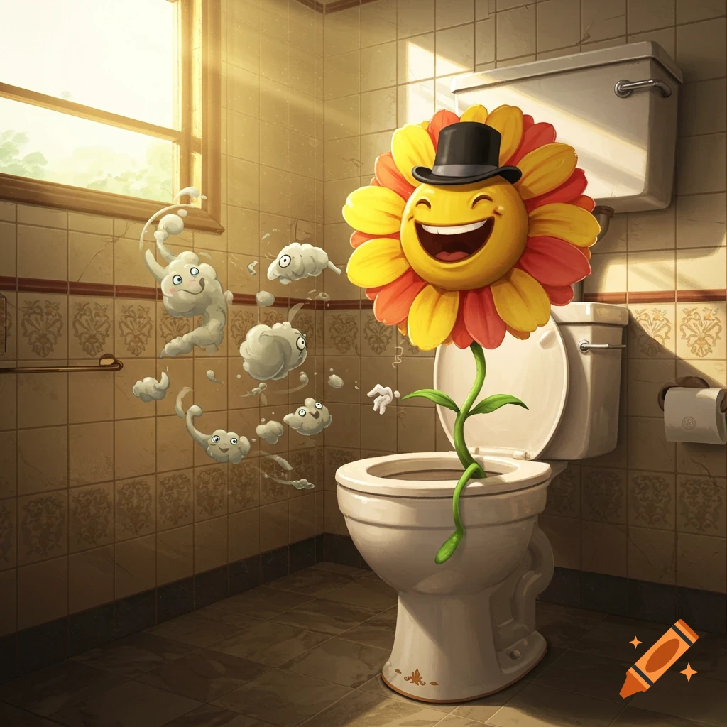 A laughing cartoon flower with a top hat grows out of a toilet in a sunny bathroom, surrounded by cartoon 'smelly parp' clouds.