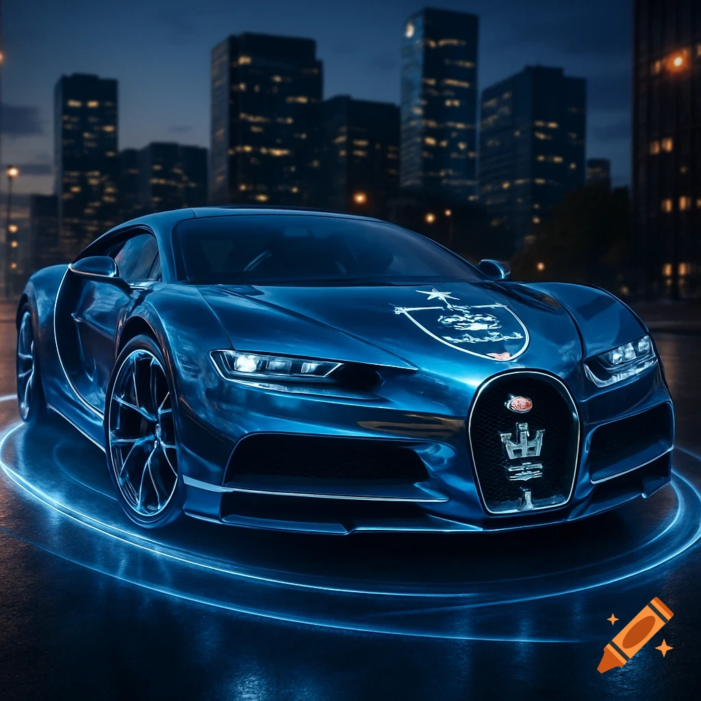 A sleek, metallic blue Bugatti sports car glows with neon blue light on a wet street at night, with blurred city buildings in the background.