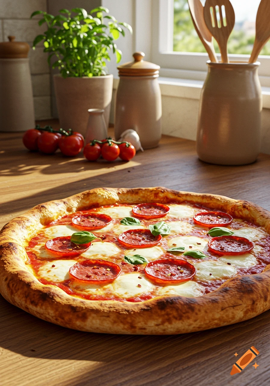 A close-up, photorealistic image of a pepperoni pizza with fresh mozzarella and basil leaves on a wooden kitchen counter, with tomatoes and herbs in the background.