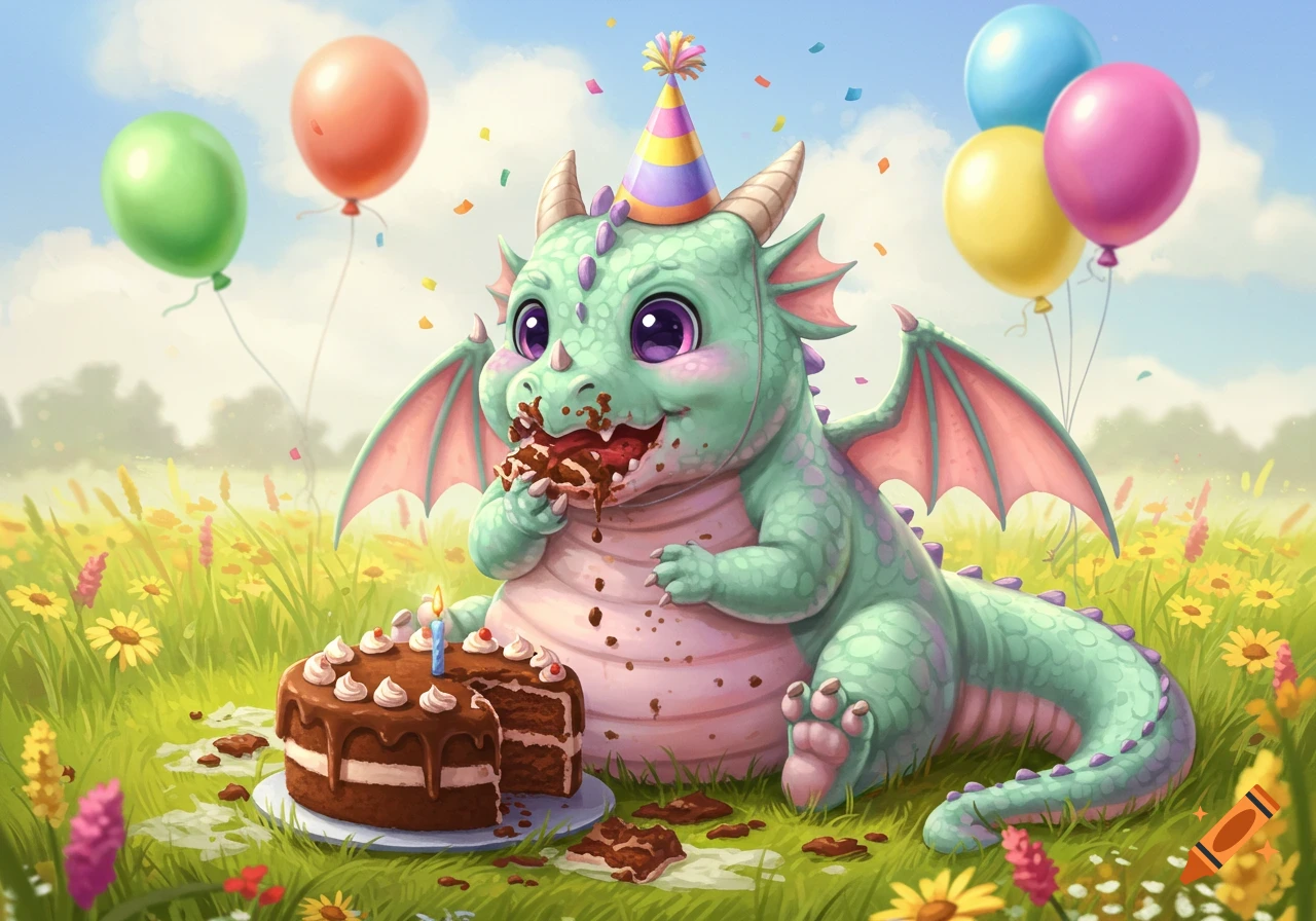 A cute green dragon in a party hat messily eats chocolate birthday cake in a vibrant grassy field with balloons.