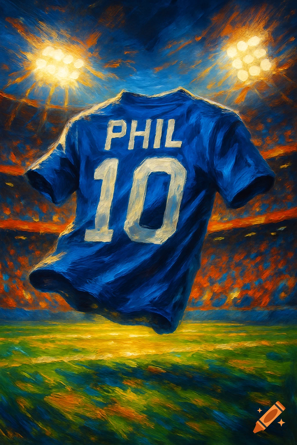 Painterly image of a blue football jersey with 'PHIL 10' on the back, floating above a green field in a stadium under bright lights.