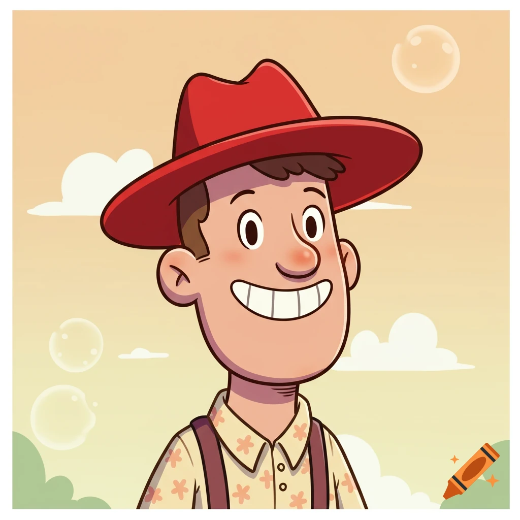 A smiling cartoon man in a red hat and patterned shirt, with bubbles and clouds in the background.