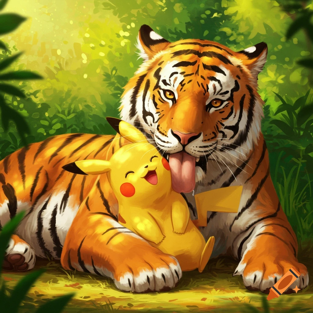 A stylized illustration of an orange tiger lovingly licking a yellow Pikachu's face while hugging it in a lush green jungle.
