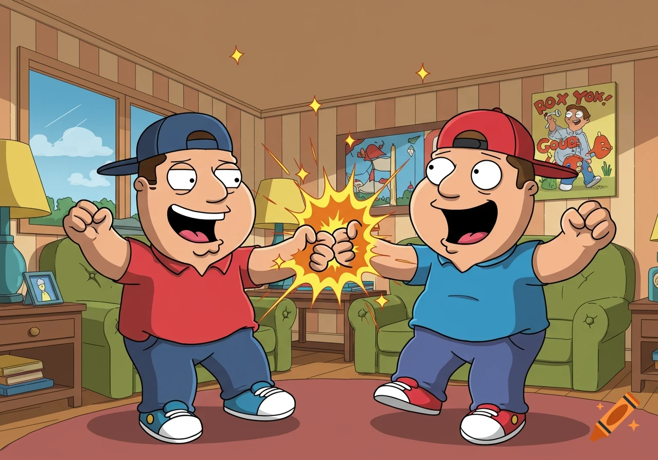 Two cartoon characters resembling Peter Griffin in blue and red shirts fist-bump in a stylized living room.