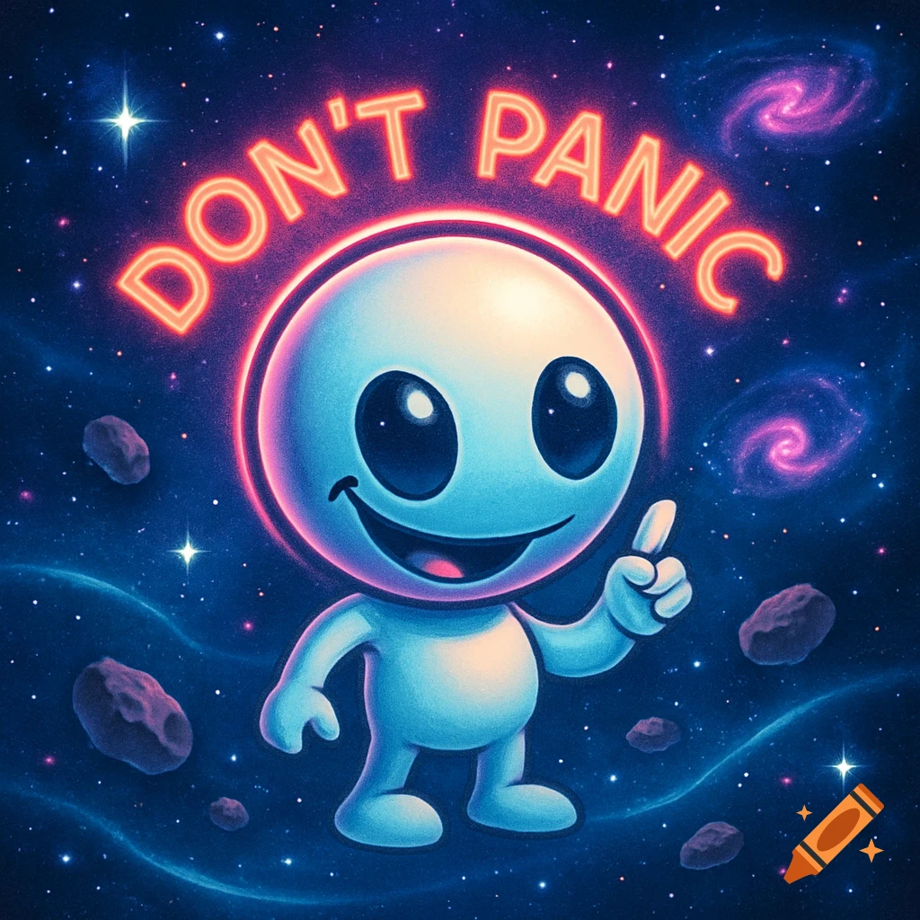 A cute, smiling blue alien points one finger up in a vibrant cosmic scene with stars, asteroids, and pink galaxies. Neon text above reads 'DON'T PANIC'.