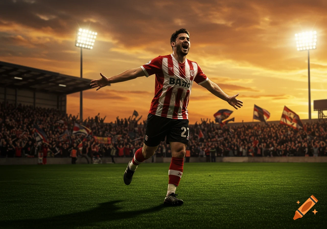 A photorealistic image of a football player in a red and white jersey celebrating a goal on a stadium pitch during sunset.