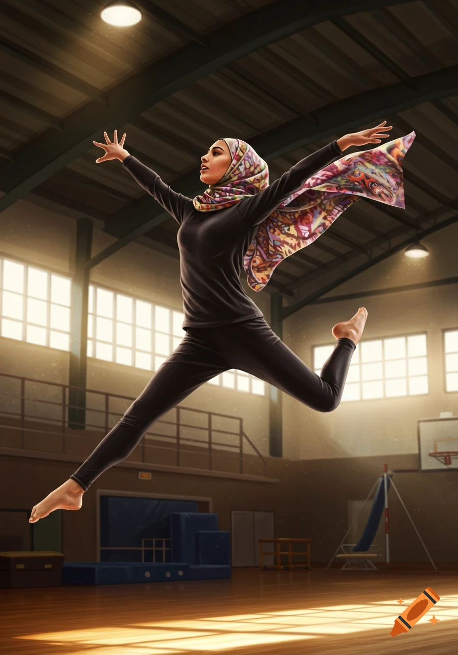 A woman in a black outfit and colorful hijab performs a half-turn jump with arms outstretched in a sunlit gymnasium.
