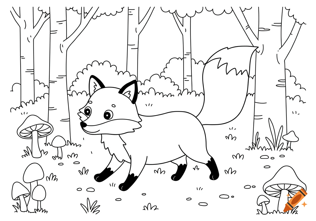 A black and white line art coloring page of a cute fox walking through a forest with mushrooms and trees.