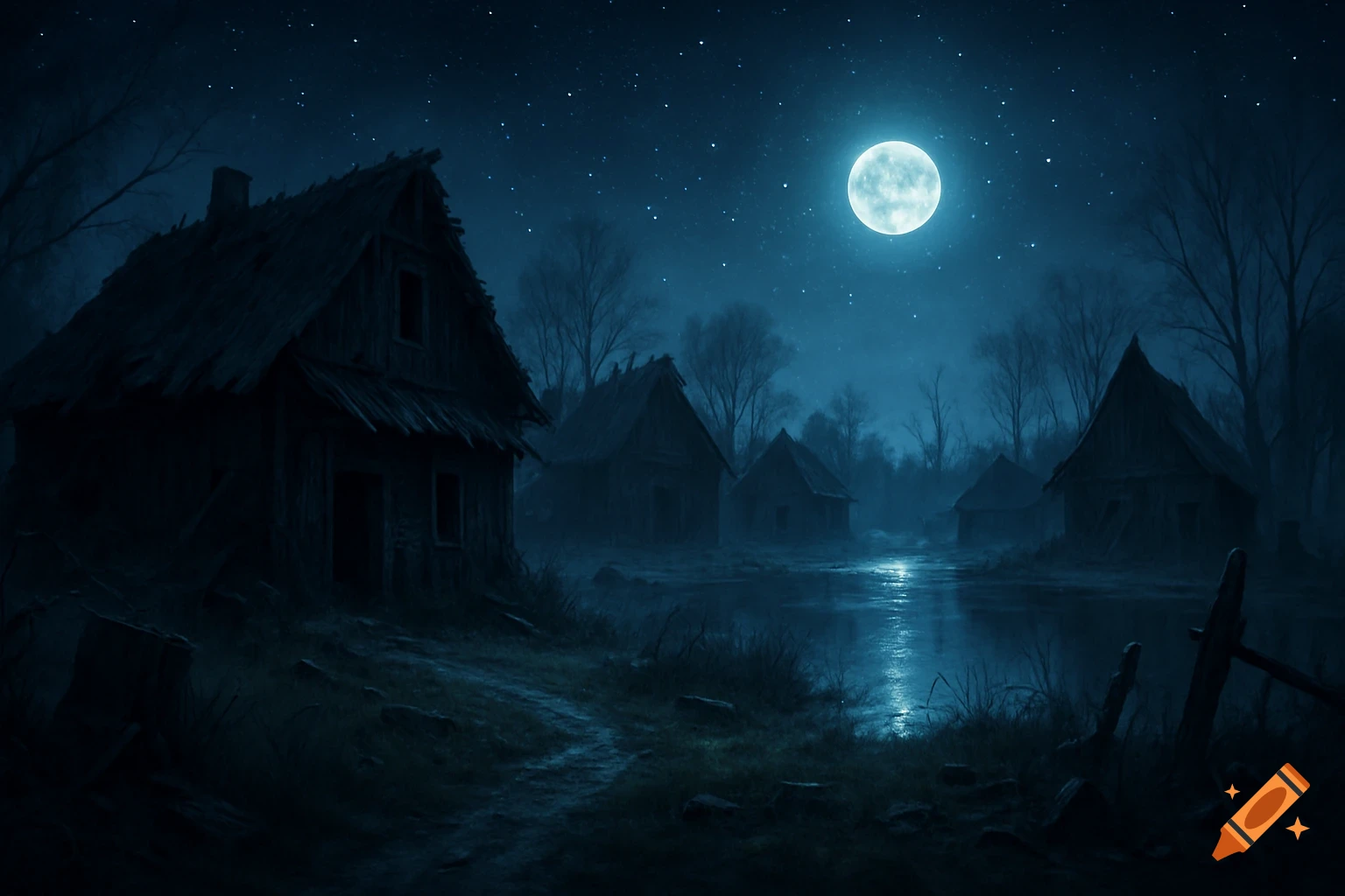 Eerie night landscape of a dilapidated village beside a moonlit lake under a starry sky.