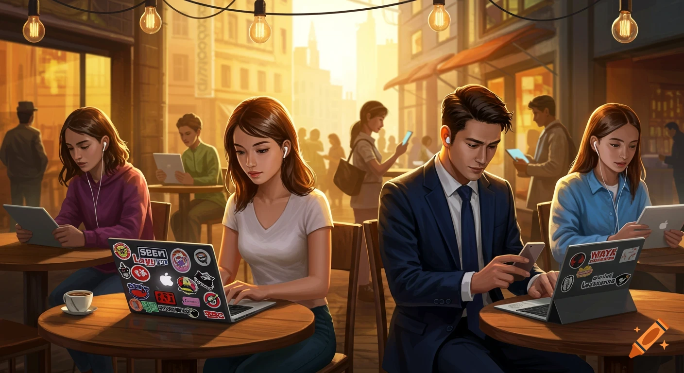 Stylized illustration of people working on laptops and tablets at outdoor cafe tables in warm evening light.