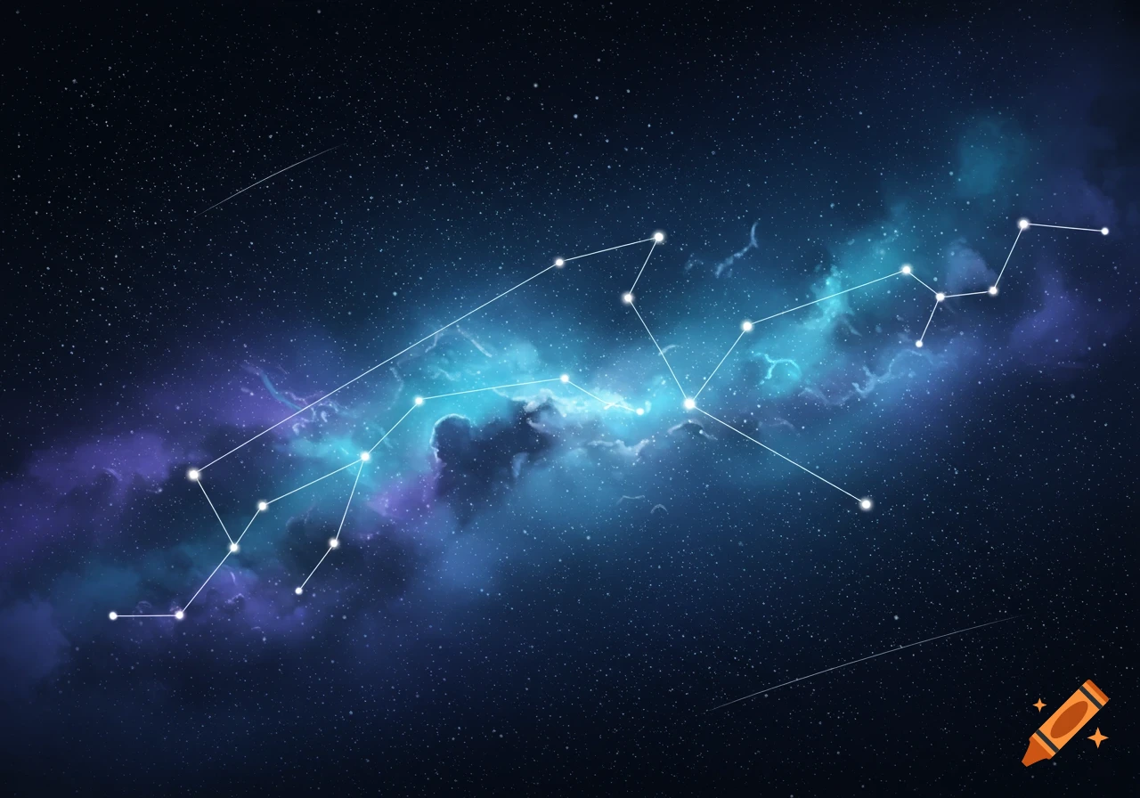 A dark blue and purple nebula with bright white constellations connected by lines in a starry night sky.