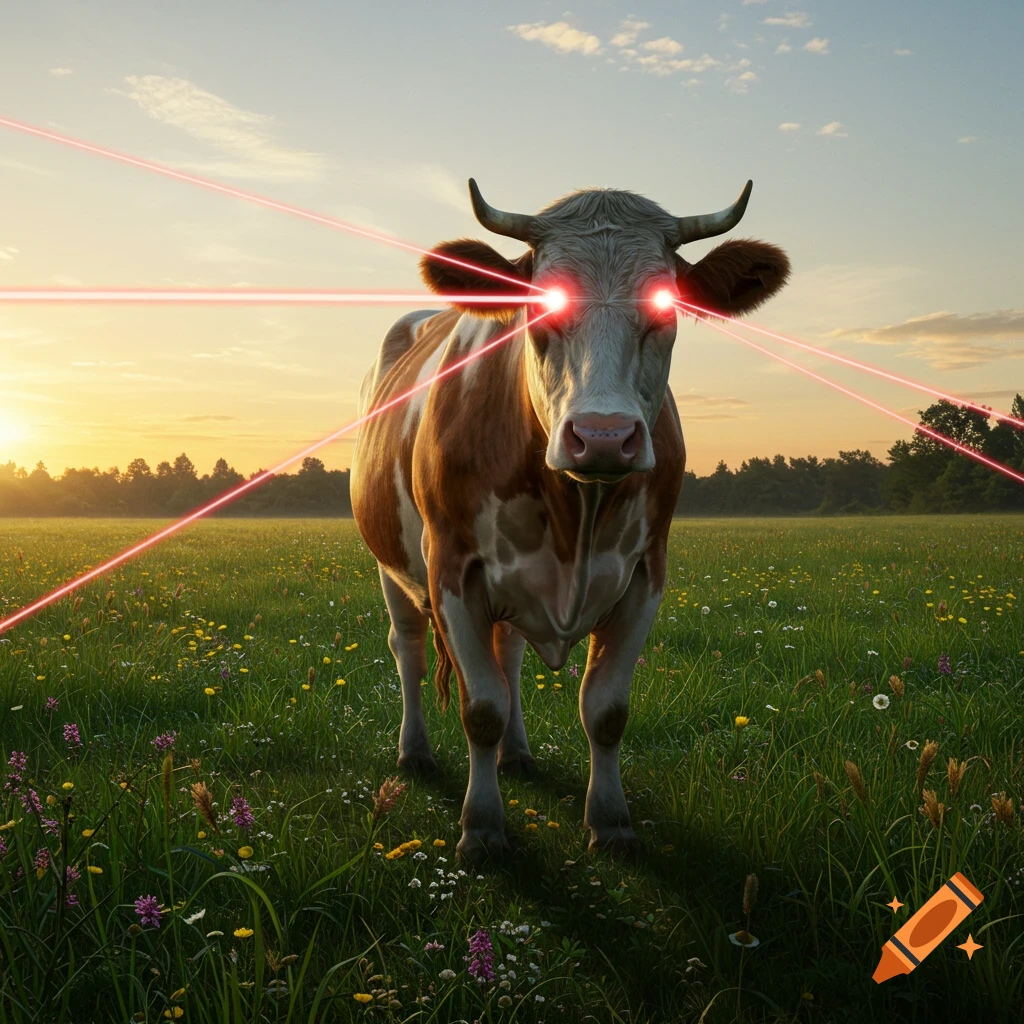 A brown and white cow with glowing red laser eyes stands in a sunny green field at sunset.