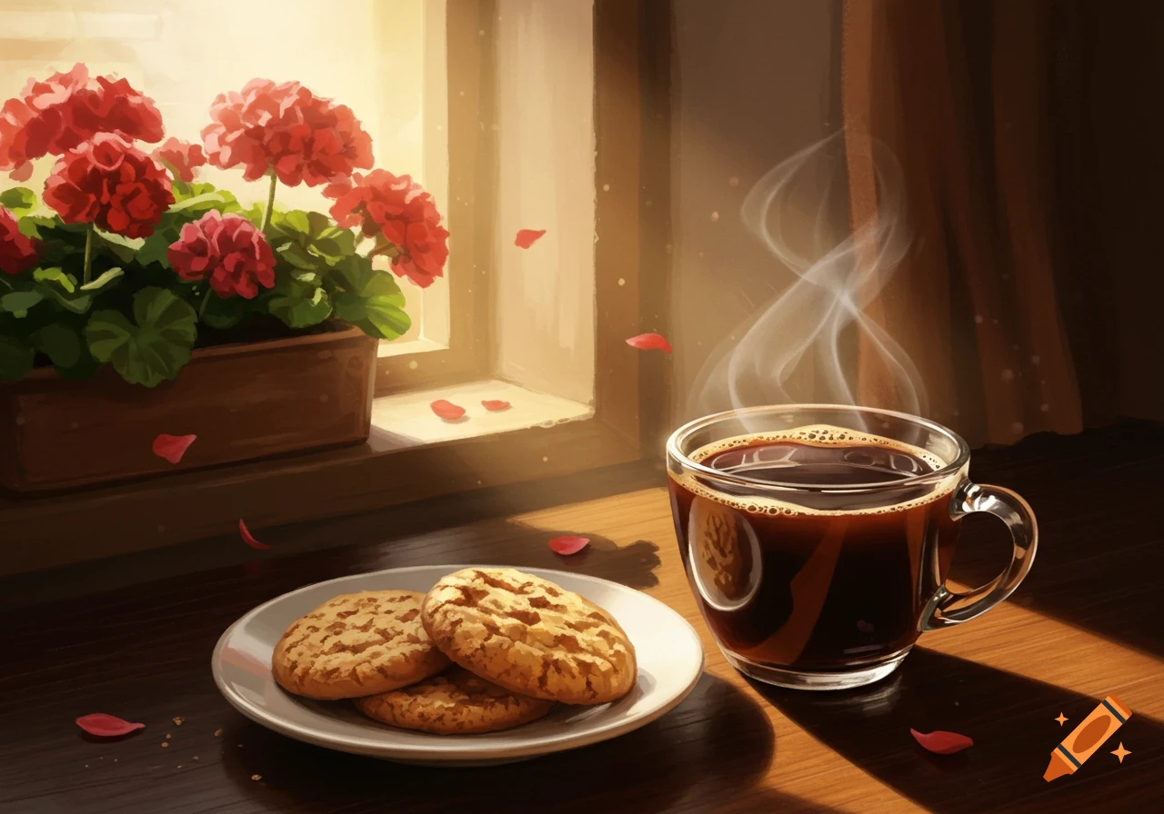 Steaming coffee and cookies on a plate by a sunlit window with red flowers, painted in a warm, cozy style.