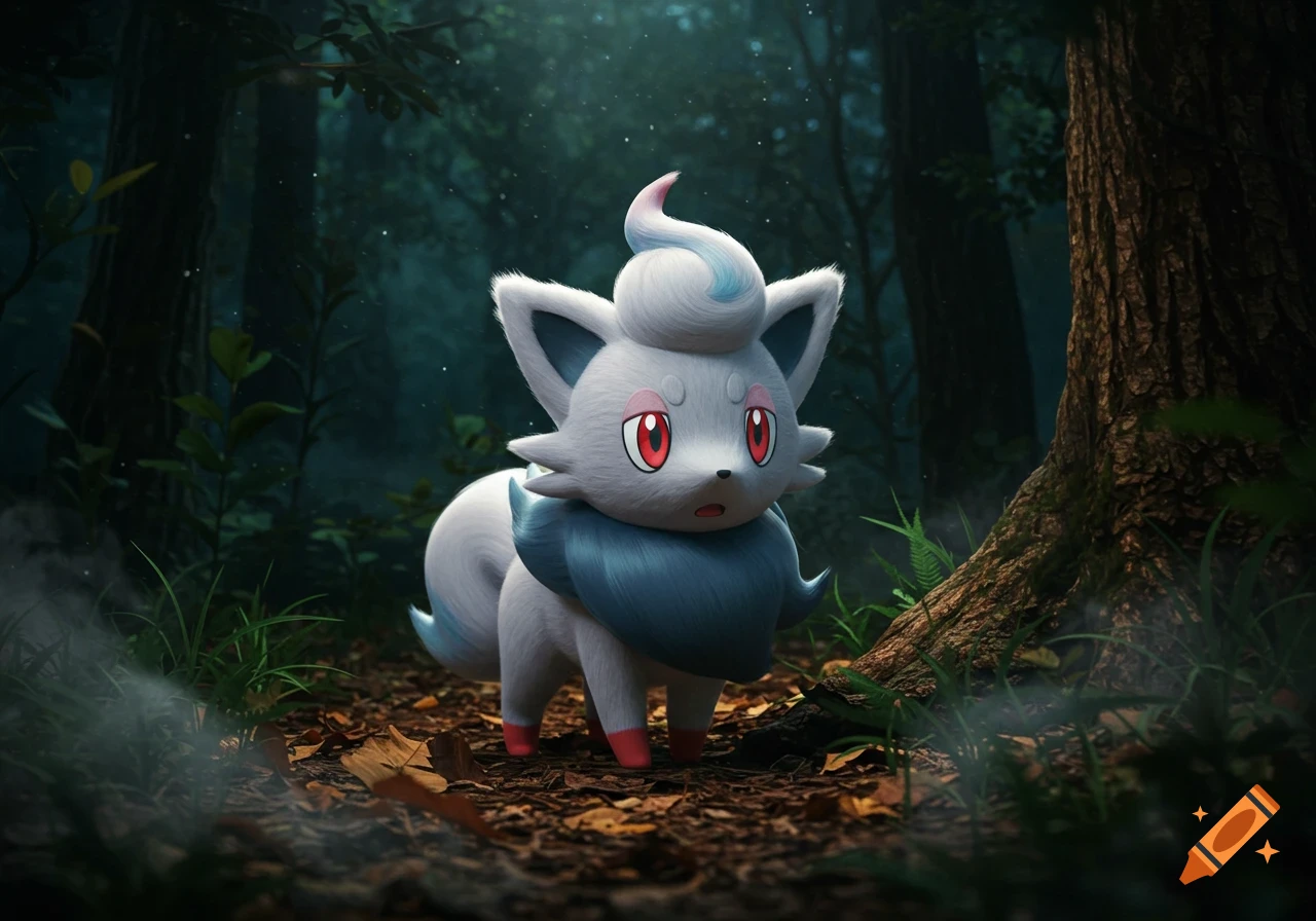 A fluffy white and blue Hisuian Zorua with red eyes stands in a dark, misty forest, illuminated by a faint light.