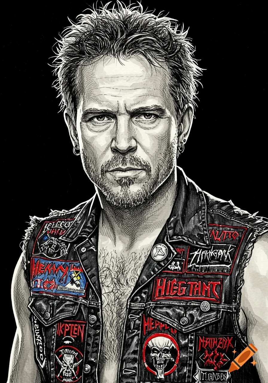 Illustrated portrait of a man with spiky hair and goatee wearing an open leather vest with metal band patches.