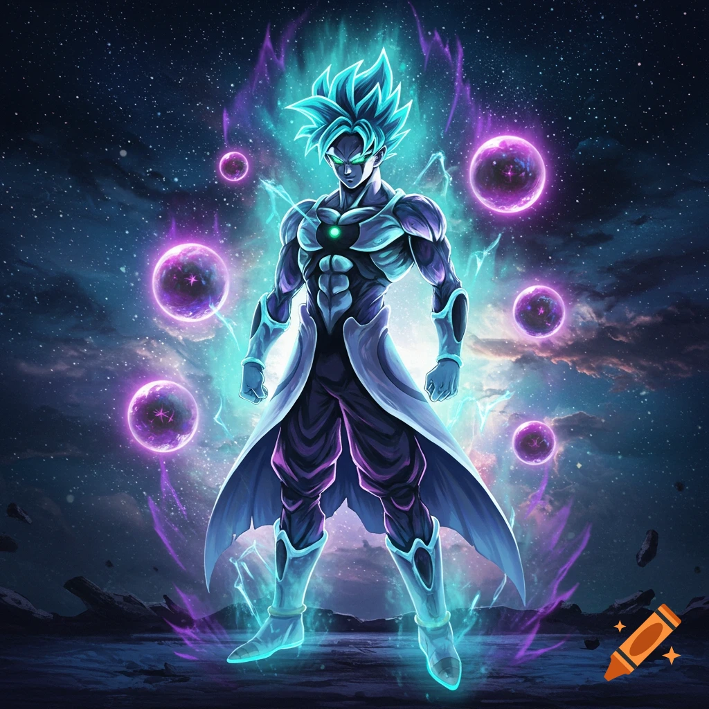 A powerful anime-style character with glowing blue hair and aura, wearing a long coat, surrounded by purple orbs in a cosmic setting.