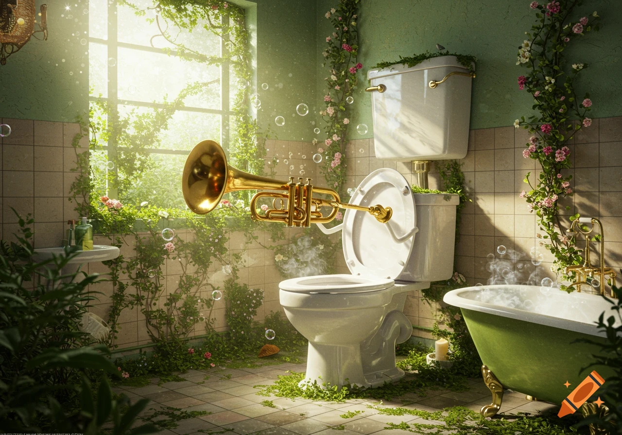 A golden trumpet protrudes from a toilet in a sunlit, vine-covered bathroom filled with bubbles, in a surreal style.