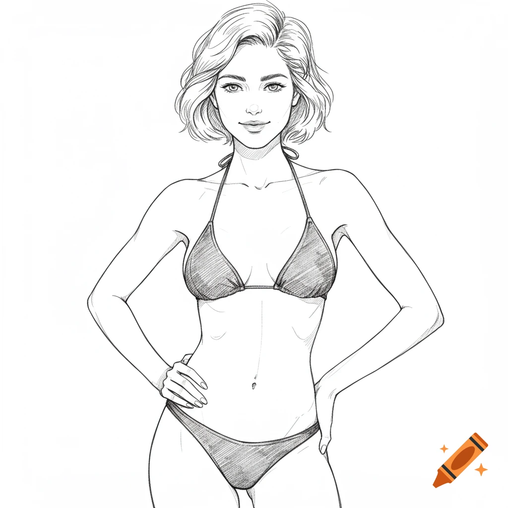 Pencil line sketch of a woman with short hair wearing a bikini, smiling softly with a hand on her hip.