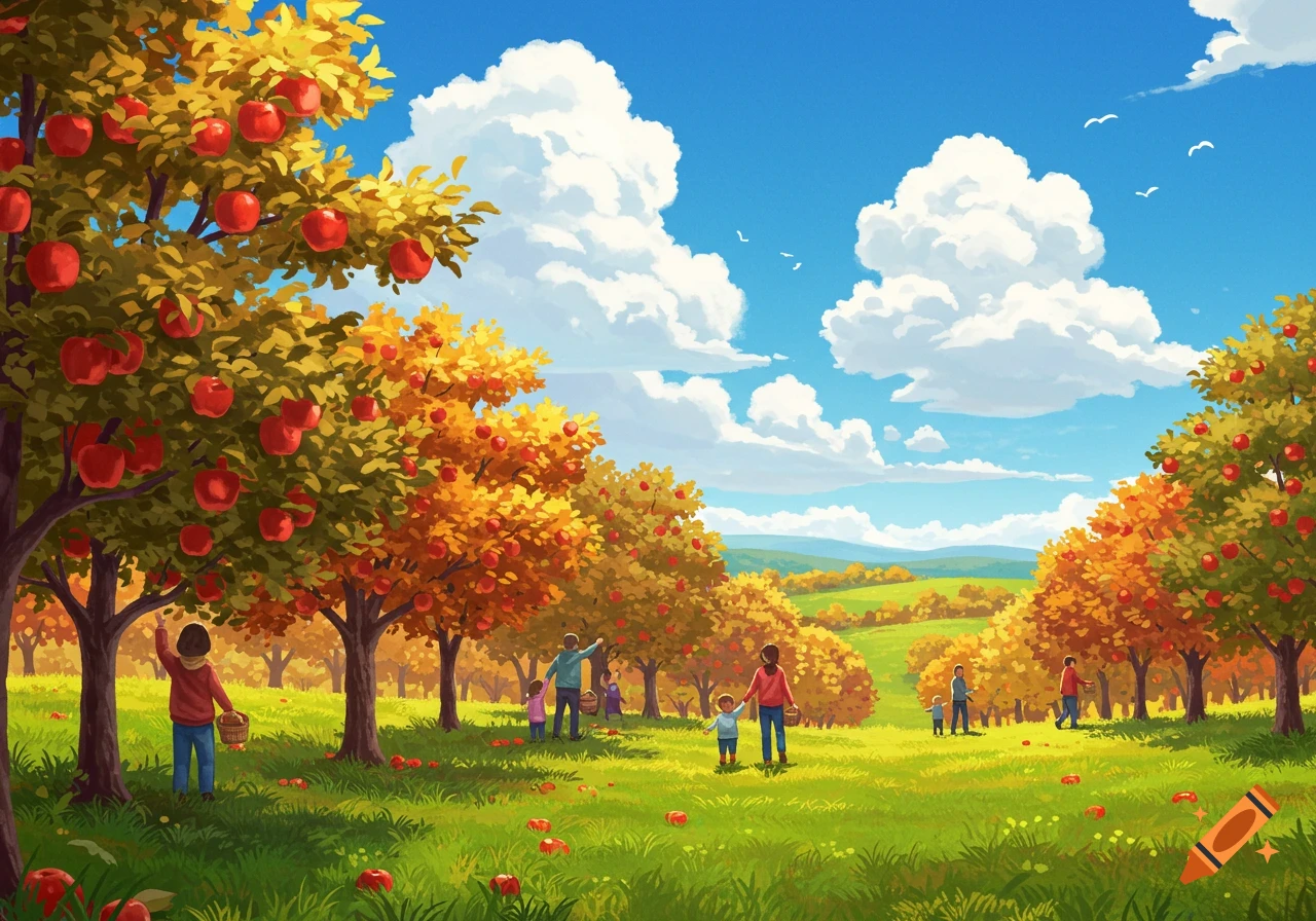 Illustrated scene of families picking red apples in a vibrant autumn orchard under a bright blue sky.