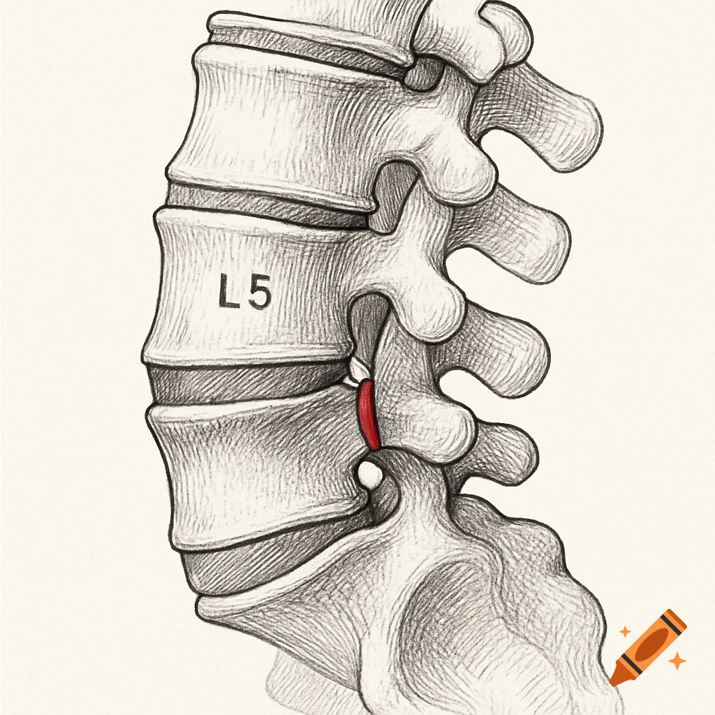 Black and white illustration of human lumbar vertebrae, with a red highlight on a stress fracture (spondylolysis) at L5.