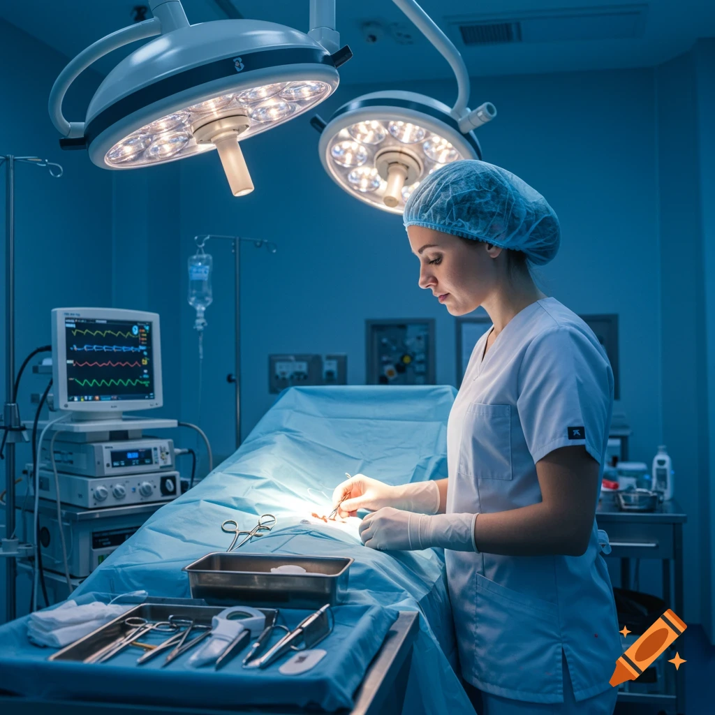 A female medical professional in scrubs and a bouffant cap performs surgery under bright operating room lights.