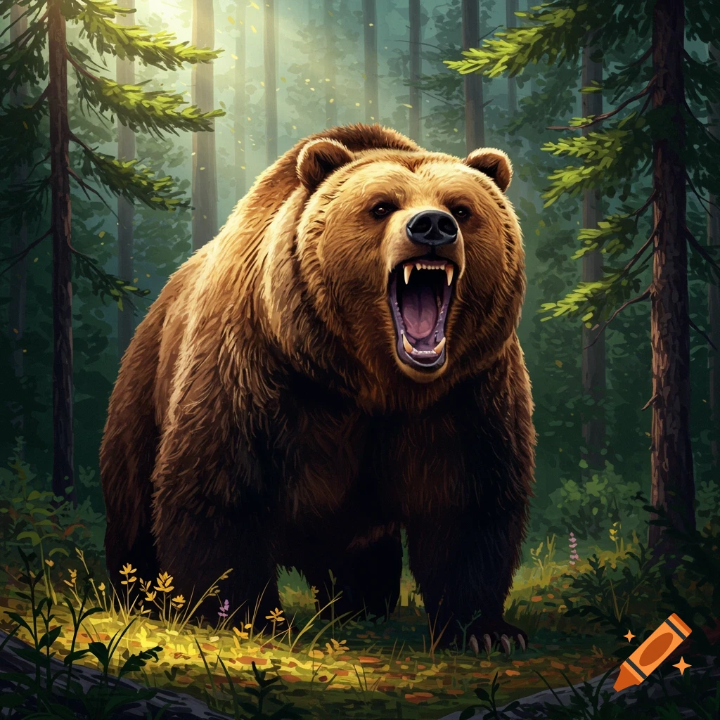 A detailed illustration of a roaring brown bear standing in a sunlit forest.