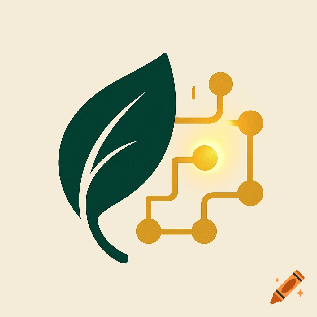 Minimalist logo of a dark green leaf connected to a glowing gold circuit board on a light background.