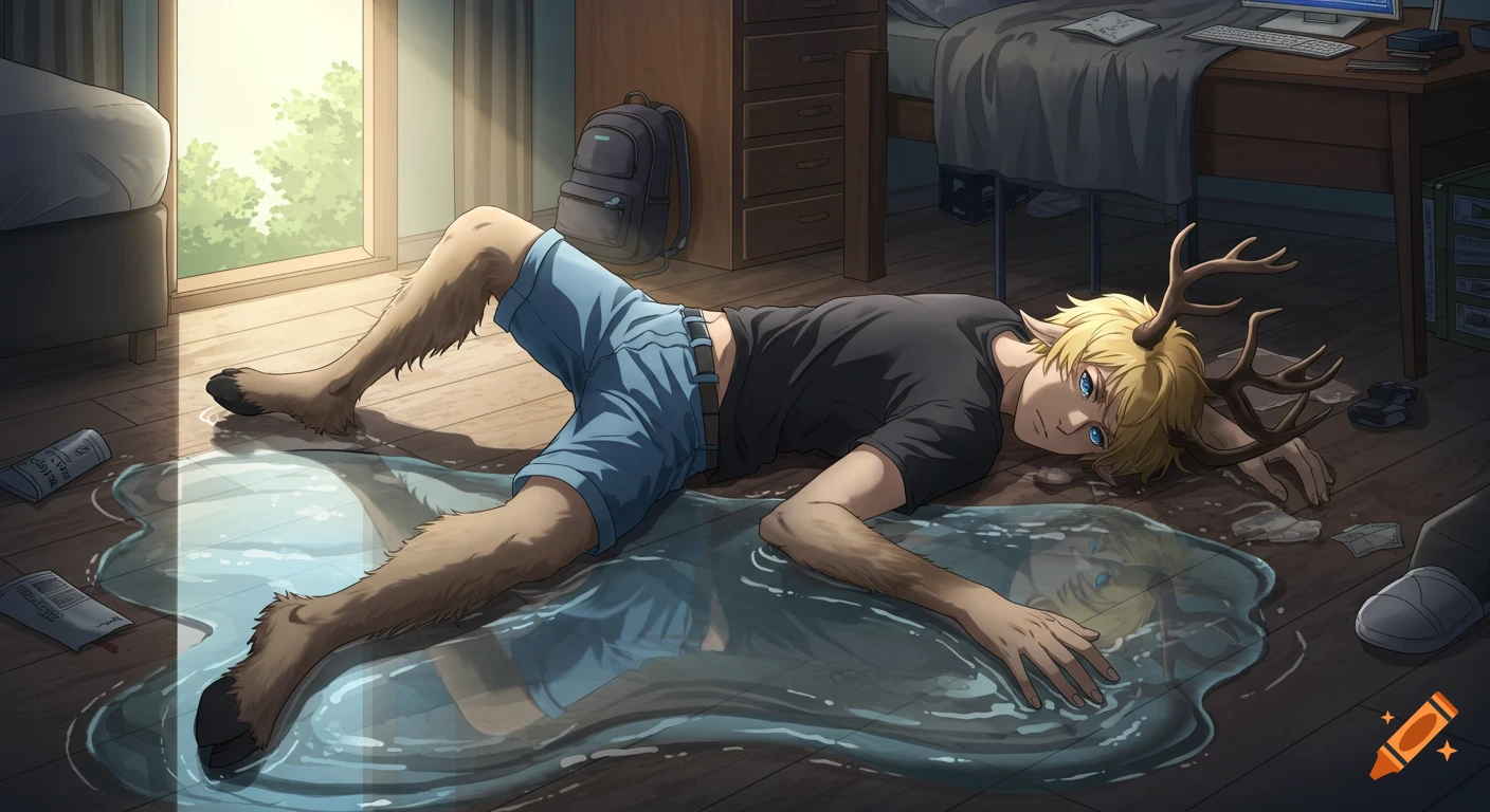 Blond satyr with hooves and antlers in shorts and t-shirt lies on his back in a puddle on a wooden bedroom floor, anime style.