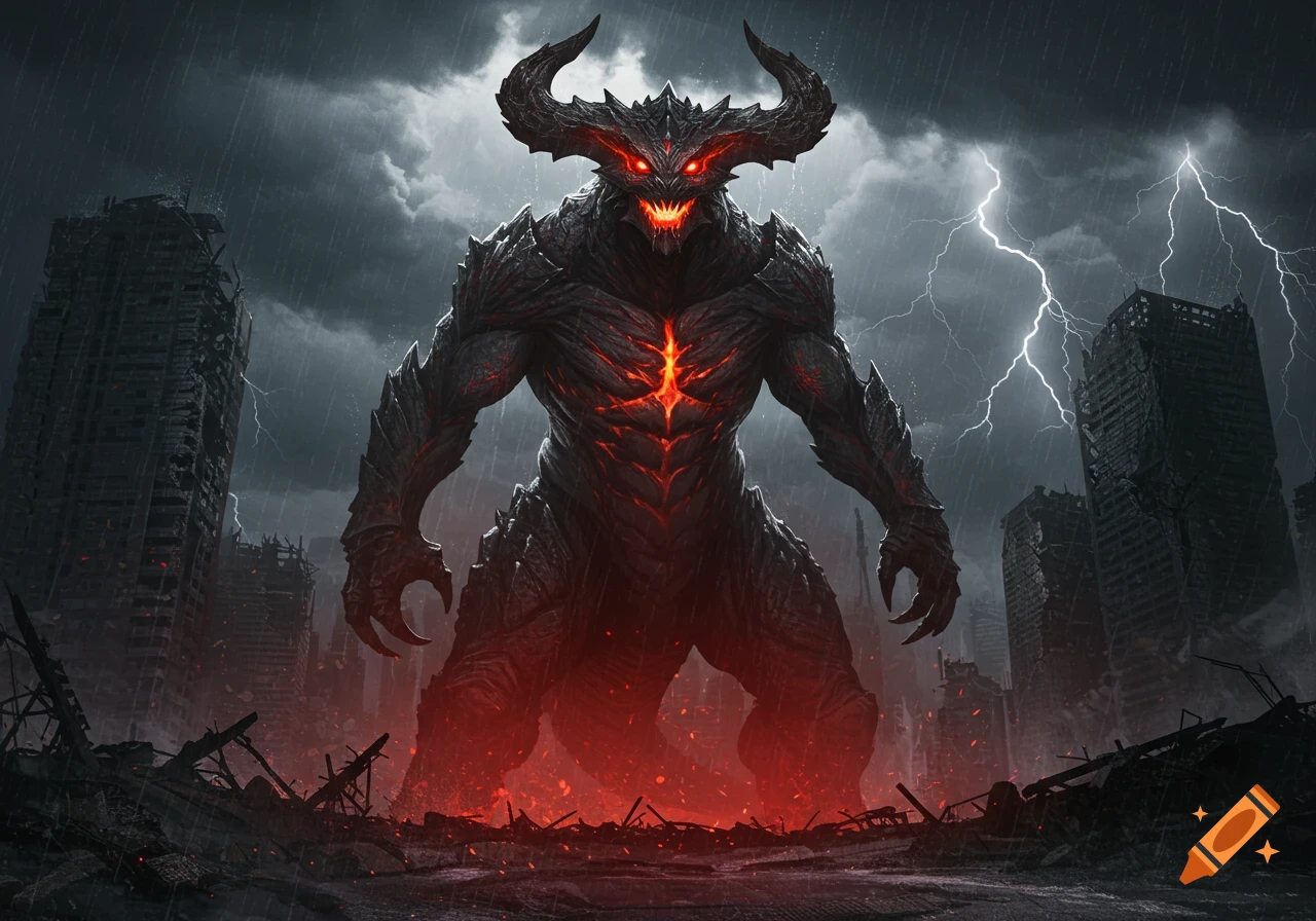 A giant, horned, demonic monster with glowing red eyes and chest stands in a destroyed city under a stormy, lightning-filled sky.