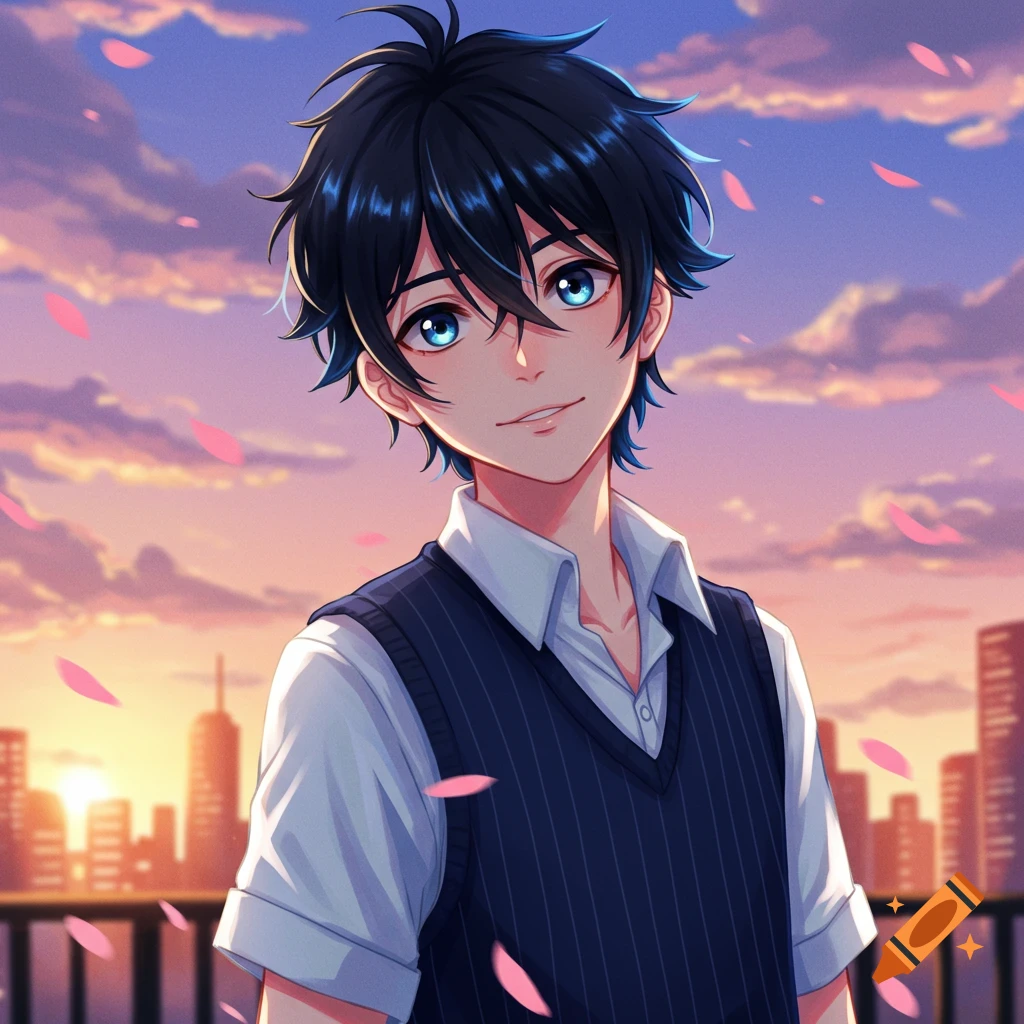 Smiling anime boy with dark blue hair and blue eyes, wearing a vest, set against a sunset city skyline with pink petals.